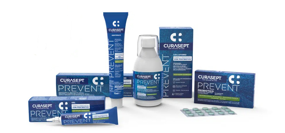 Zdjęcie przedstawiajace całą linię produktów Curasept Prevent